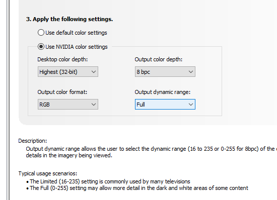 NVIDIA settings for the full dynamic range output