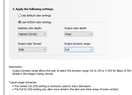 default nvidia color settings